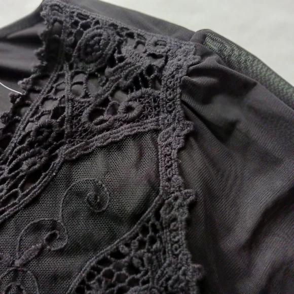 Cato • Women's Black Sheer Crochet Lace Bell Sleeve Peasant Blouse - Picture 6 of 16
